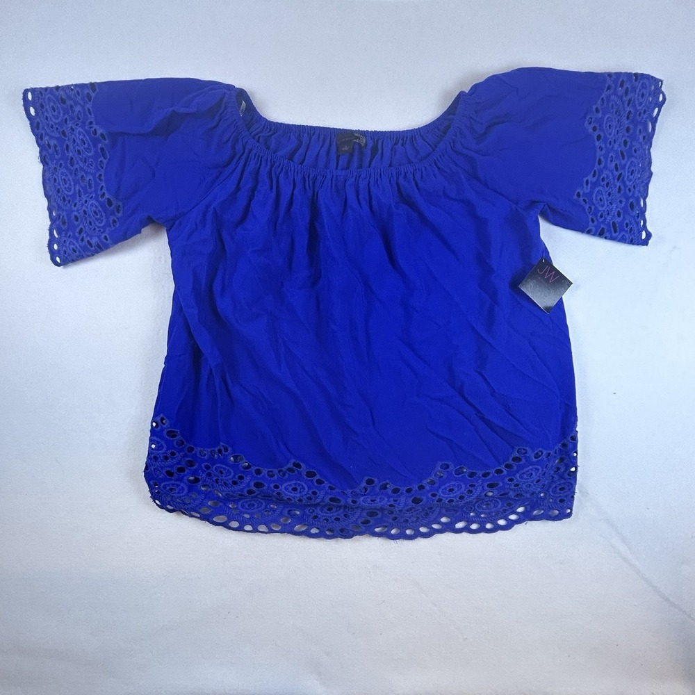 JW Style Women's Off Shoulder Top Royal Blue Eyelit Baby Doll Size Large